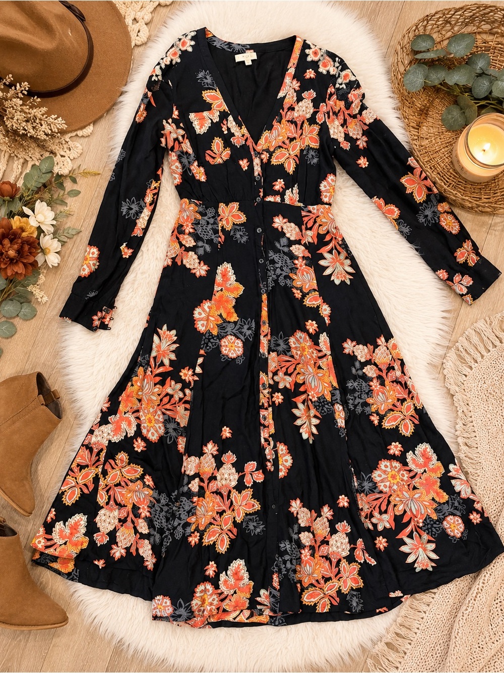 🖤 Free People Black Floral Button Front Long Sleeve Midi Dress Size 2 Boho